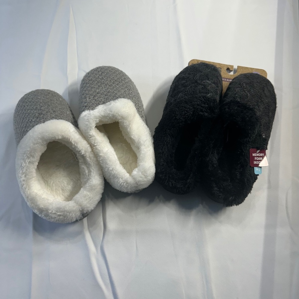 Muk Luks Womens Slipper Bundle 2 Pairs Memory Foam Grey Black Size L 9-10